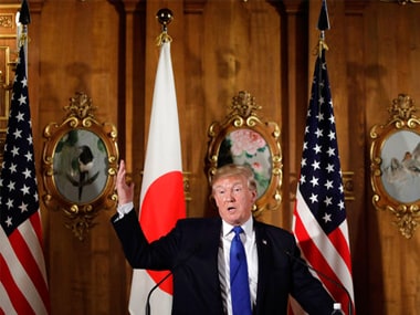 President Donald Trump speaks at the joint press conference at the Akasaka Palace on Monday. AP