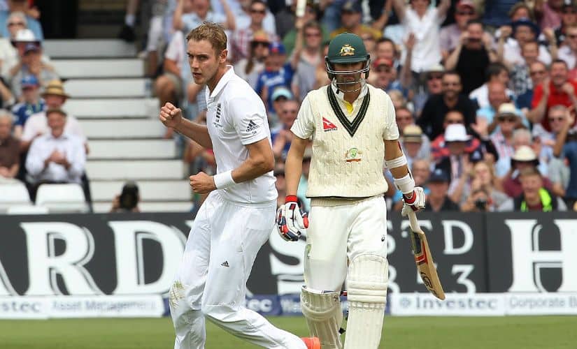 Stuart Broad’s devastating figures of 8/15 at Trent Bridge in 2015 helped bundle Australia out for 60. AFP
