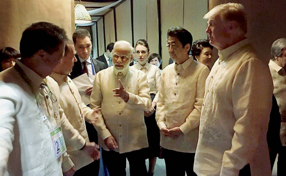 Prime Minister Narendra Modi on Sunday held brief meetings with US president Donald Trump and Chinese premier Li Keqiang on the sidelines of a gala dinner to mark the 50th anniversary of the ASEAN. PTI Prime Minister Narendra Modi on Sunday held brief meetings with US president Donald Trump and Chinese premier Li Keqiang on the sidelines of a gala dinner to mark the 50th anniversary of the ASEAN. PTI