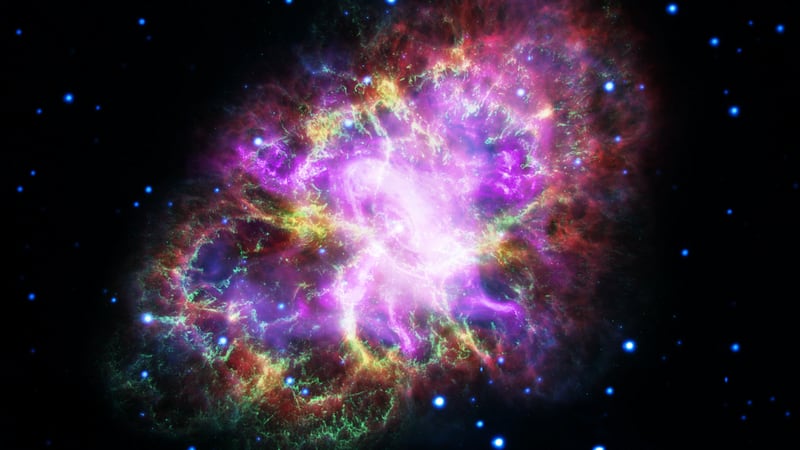 This composite image of the Crab Nebula, a supernova remnant, was assembled by combining data from five telescopes spanning nearly the entire breadth of the electromagnetic spectrum. NASA