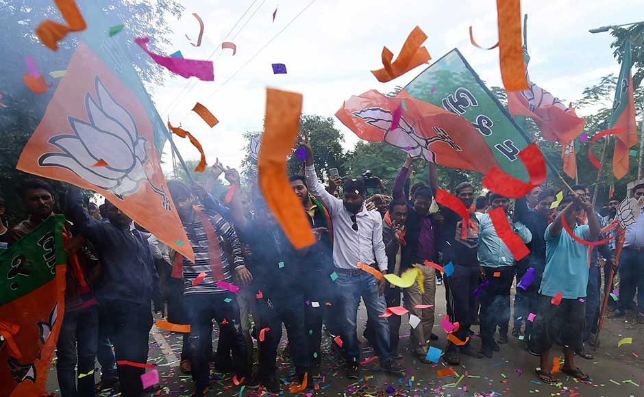 The BJP fought off a strong challenge from the Congress party to win Assembly polls for the sixth straight time in Gujarat, and also wrested power from the Congress in Himachal Pradesh with close to a two-thirds majority. BJP workers celebrate in Gandhinagar. PTI The BJP fought off a strong challenge from the Congress party to win Assembly polls for the sixth straight time in Gujarat, and also wrested power from the Congress in Himachal Pradesh with close to a two-thirds majority. BJP workers celebrate in Gandhinagar. PTI