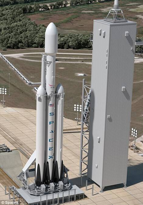 The Falcon Heavy raised at Cape Canaveral launchpad. SpaceX