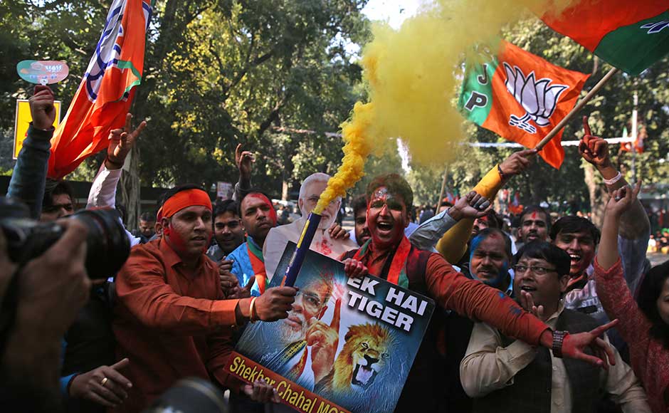 The euphoria in the BJP camp was tempered by the lower-than-expected margin of victory in Gujarat — it clinched 99 seats in the 182-member Assembly, down from the 115 it won in 2012, and far lower than the 150-seat target it had hoped for. AP The euphoria in the BJP camp was tempered by the lower-than-expected margin of victory in Gujarat — it clinched 99 seats in the 182-member Assembly, down from the 115 it won in 2012, and far lower than the 150-seat target it had hoped for. AP