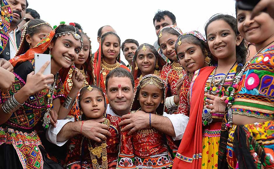 It is learnt that a helicopter carrying the Congress leader could not land in Morbi due to rough weather. Rahul was expected to return to Delhi on Tuesday evening. Rahul with local girl children at the rally in Kutch. PTI It is learnt that a helicopter carrying the Congress leader could not land in Morbi due to rough weather. Rahul was expected to return to Delhi on Tuesday evening. Rahul with local girl children at the rally in Kutch. PTI