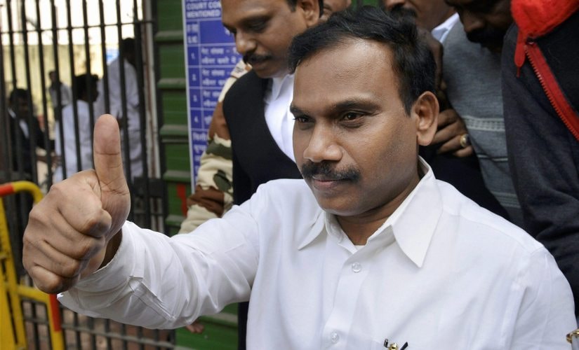 Former telecom minister A Raja reacts as he leaves the Patiala House Courts after he was acquitted by a special court in the 2G scam case. PTI