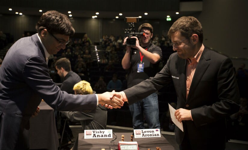 Viswanathan Anand and Levon Aronian at the start of their Round 4 bout. Spectrum Studios