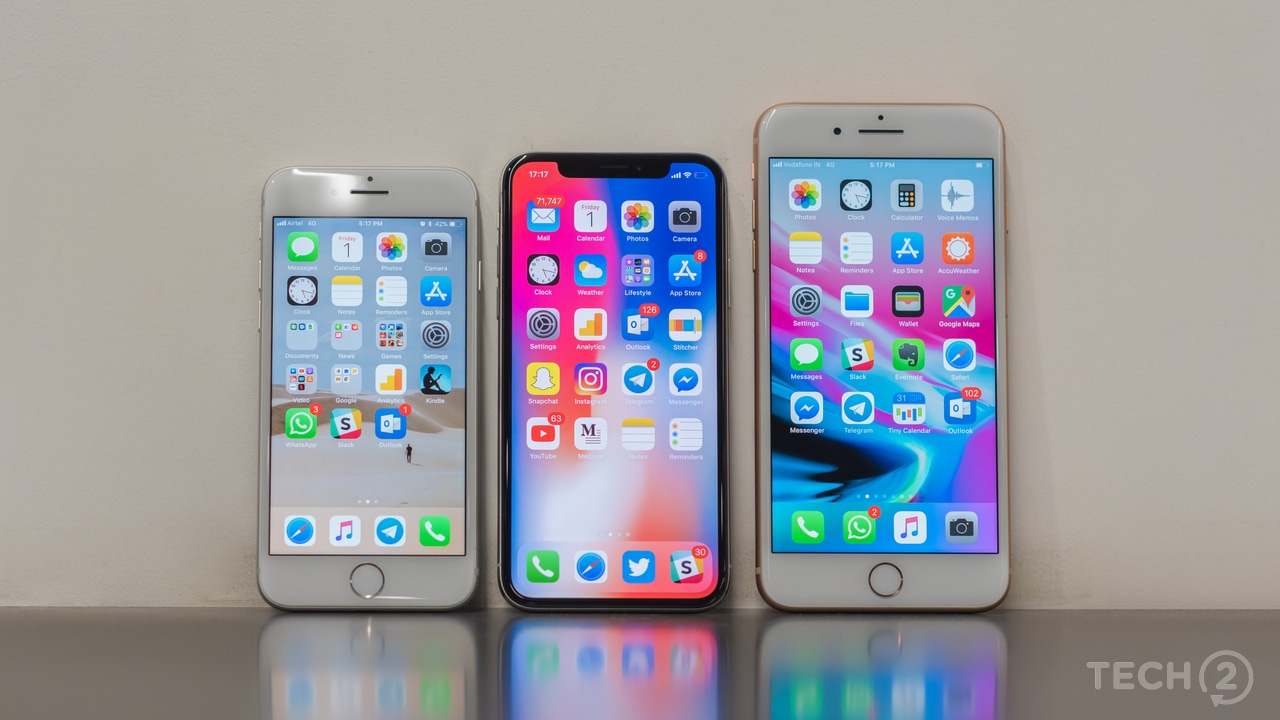 The iPhone 8, iPhone X and the iPhone 8 Plus seen side-by-side. Image: tech2/Rehan Hooda