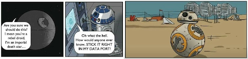 A parody comic on BB-8's origin. Reddit/TheSkeletonBlog