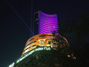 The Bombay Stock Exchange building is illuminated during the Diwali special trading session in Mumbai
