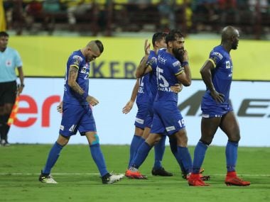 Balwant Singh of Mumbai City FC celebrates the goal with teammates during match with Kerala Blasters FC. Image courtesy: ISL/Sportzpics
