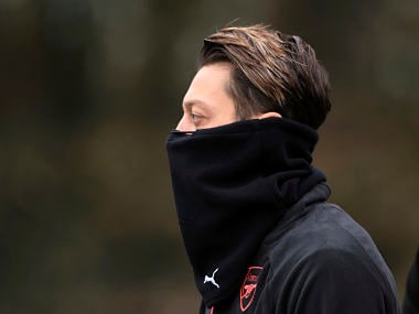 Arsenal's Mesut Ozil during a training session at the team's training ground ahead of Arsenal's fixture against Bate in a Europa League group game. AP