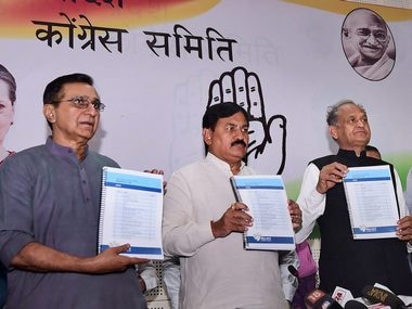 Ahmedabad: Congress leaders Bharatsinh Solanki, Ashok Gehlot along with other leaders release the party’s manifesto for the Gujarat Assembly polls. PTI