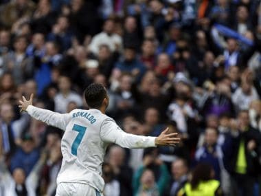 Real Madrid's Cristiano Ronaldo celebrates after scoring his side's second goal against Sevilla. AP