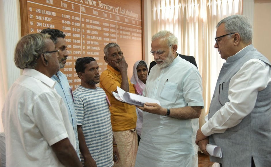 Prime Minister Narendra Modi visited cyclone Ockhi-hit Lakshadweep, Kanyakumari and Thiruvananthapuram on Tuesday to review relief and rescue operations. Twitter @narendramodi Prime Minister Narendra Modi visited cyclone Ockhi-hit Lakshadweep, Kanyakumari and Thiruvananthapuram on Tuesday to review relief and rescue operations. Twitter @narendramodi