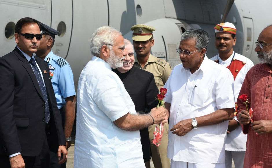 In Thiruvanthapuram, Modi was received by Kerala governor P Sadasivam, Chief Minister Pinarayi Vijayan, his Cabinet colleagues, Union minister KJ Alphons and senior officials. He held discussion with Vijayan and his cabinet on the rehabilitation and relief measures. Twitter @PIB_India In Thiruvanthapuram, Modi was received by Kerala governor P Sadasivam, Chief Minister Pinarayi Vijayan, his Cabinet colleagues, Union minister KJ Alphons and senior officials. He held discussion with Vijayan and his cabinet on the rehabilitation and relief measures. Twitter @PIB_India