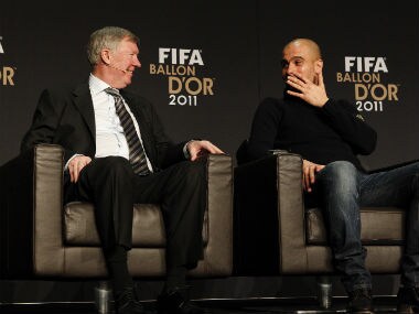 FIFA World Coach Men’s Foootball 2011 nominee Ferguson of Britain and Guardiola of Spain address a press conference. Reuters