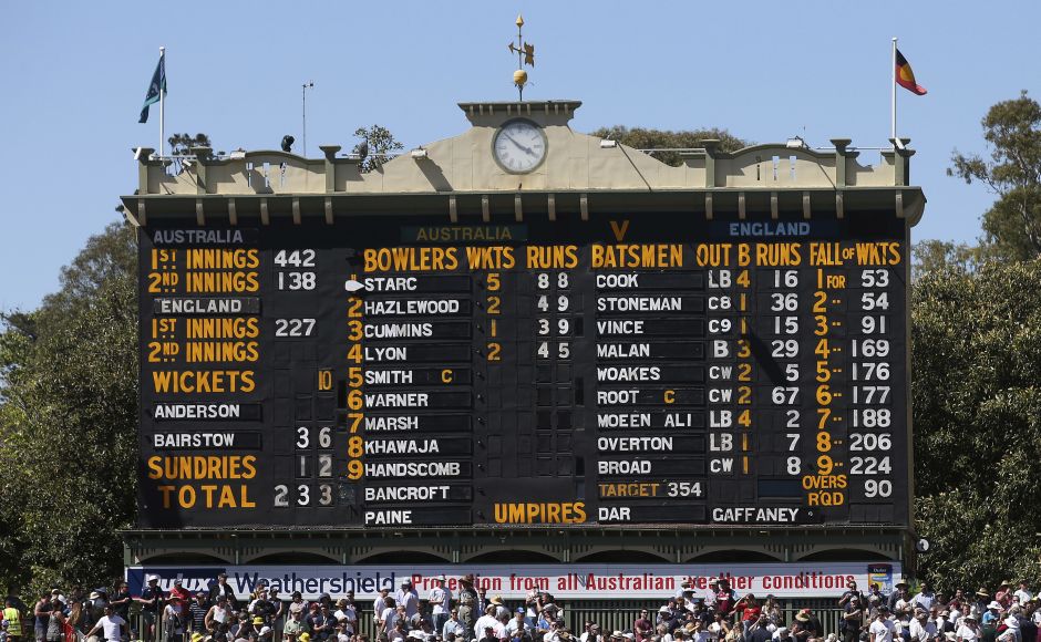 The scoreboard at the Adelaide Oval has the details for the final day of the Ashes Test match between England And Australia. AP The scoreboard at the Adelaide Oval has the details for the final day of the Ashes Test match between England And Australia. AP