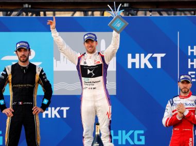 DS Virgin Racing team's driver Sam Bird (C) celebrates after winning the race. Reuters