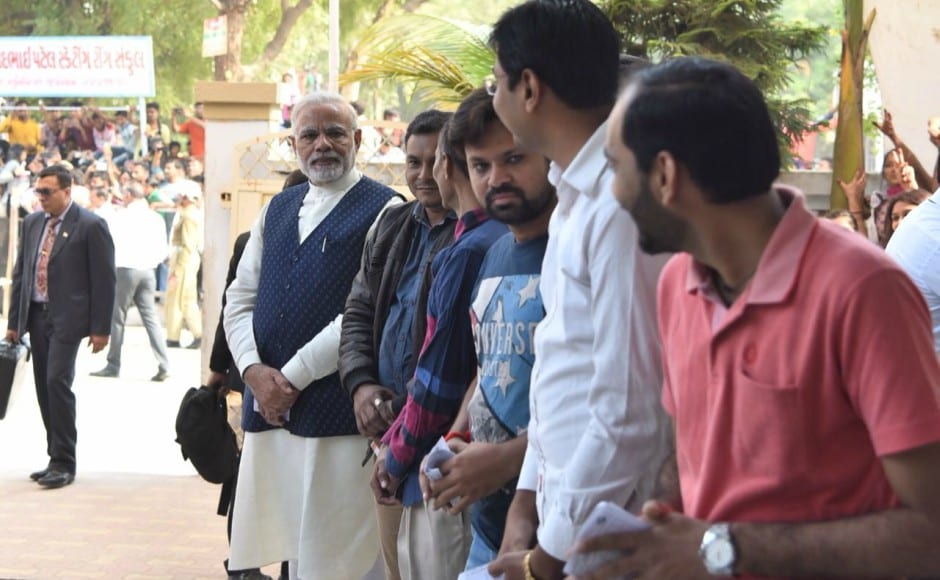 Modi cast his vote after waiting in a queue to exercise his right at a polling booth set up at a school in Sabarmati constituency of Ahmedabad district. Pallavi Rebbapragada Modi cast his vote after waiting in a queue to exercise his right at a polling booth set up at a school in Sabarmati constituency of Ahmedabad district. Pallavi Rebbapragada