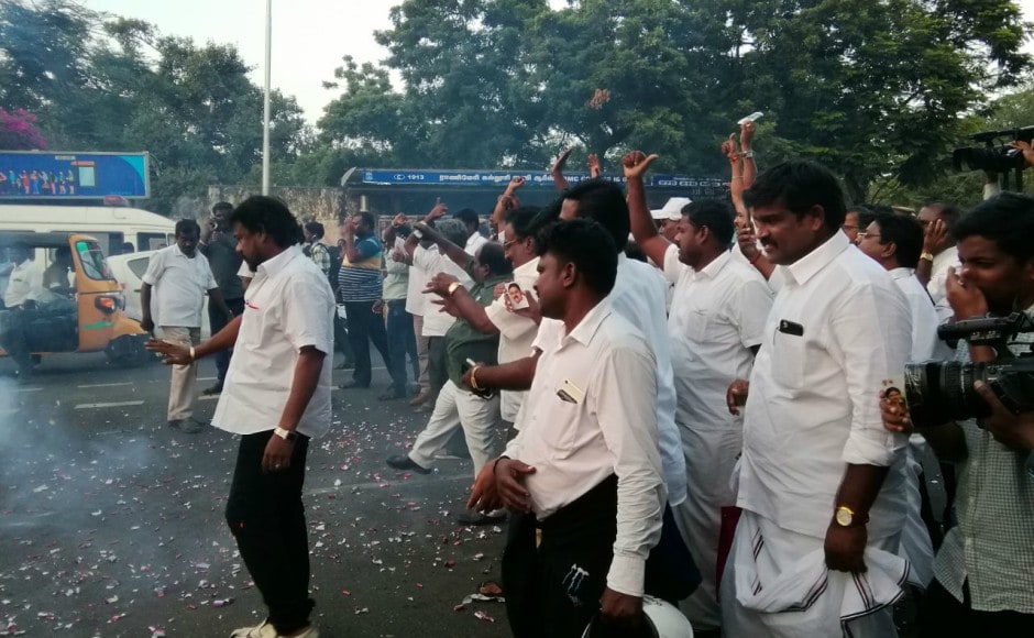 As his lead grew through the day, followers of Dhinakaran celebrated while the AIADMK's headquarters wore a deserted look. Image courtesy: Ayswarya Murthy As his lead grew through the day, followers of Dhinakaran celebrated while the AIADMK's headquarters wore a deserted look. Image courtesy: Ayswarya Murthy