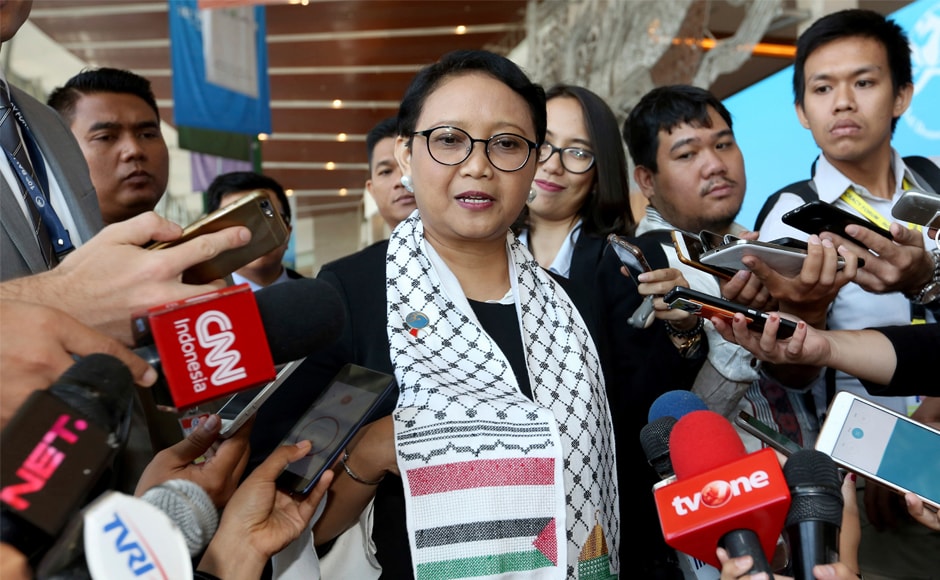 Wearing a Palestinian scarf, Indonesian foreign minister Retno Marsudi condemned US' decision at the Bali Democracy Forum held in Tangerang on the outskirts of Jakarta. AP Wearing a Palestinian scarf, Indonesian foreign minister Retno Marsudi condemned US' decision at the Bali Democracy Forum held in Tangerang on the outskirts of Jakarta. AP