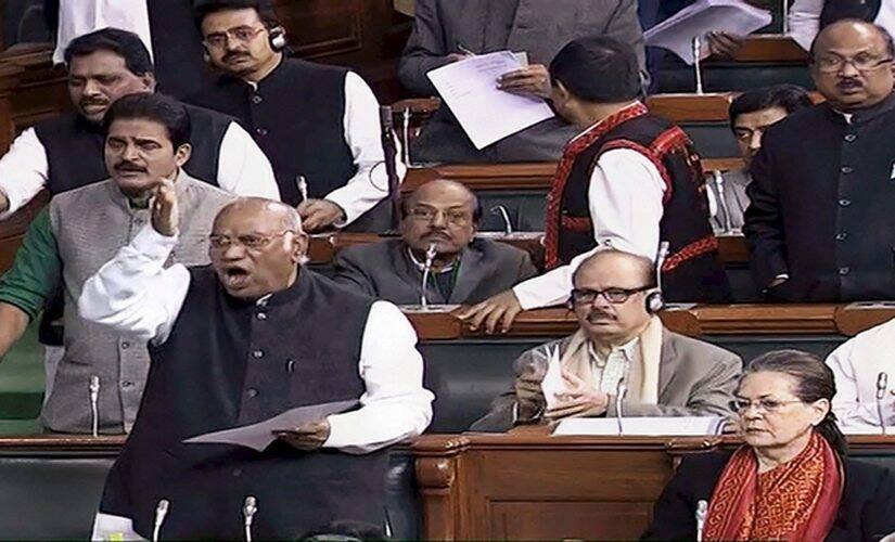 Congress leader Mallikarjun Kharge speaks in the Lok Sabha in New Delhi on Tuesday, during the ongoing winter session of Parliament. PTI