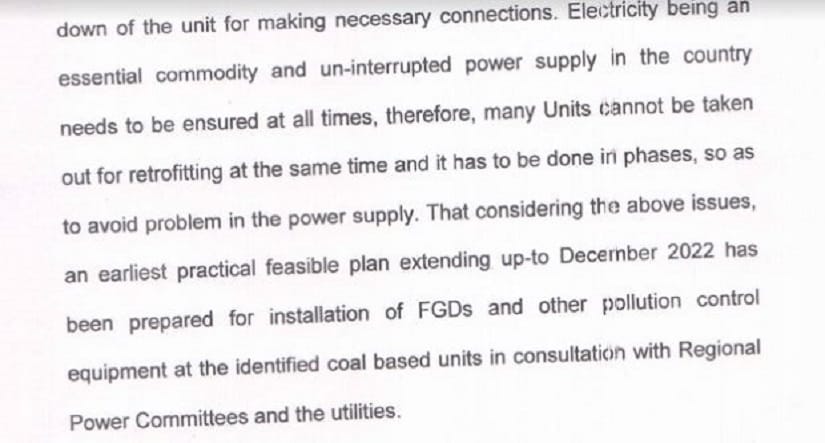 The MOEFCC affidavit that argues that all units could not be taken offline to retrofit equipment as power supply from thermal plants could not be interrupted.