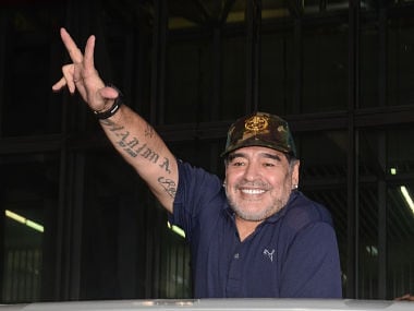 Argentine footballer Diego Maradona arrives at the Netaji Subhas Chandra Bose International Airport in Kolkata on Sunday. AFP