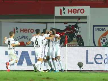 Adil Ahmed Khan of FC Pune City celebrates the goal for during the match with Jamshedpur FC. Image courtesy: ISL/Sportzpics