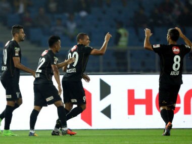 Danilo LOPES CEZARIO of Northeast United FC celebrates the goal with team players. ISL