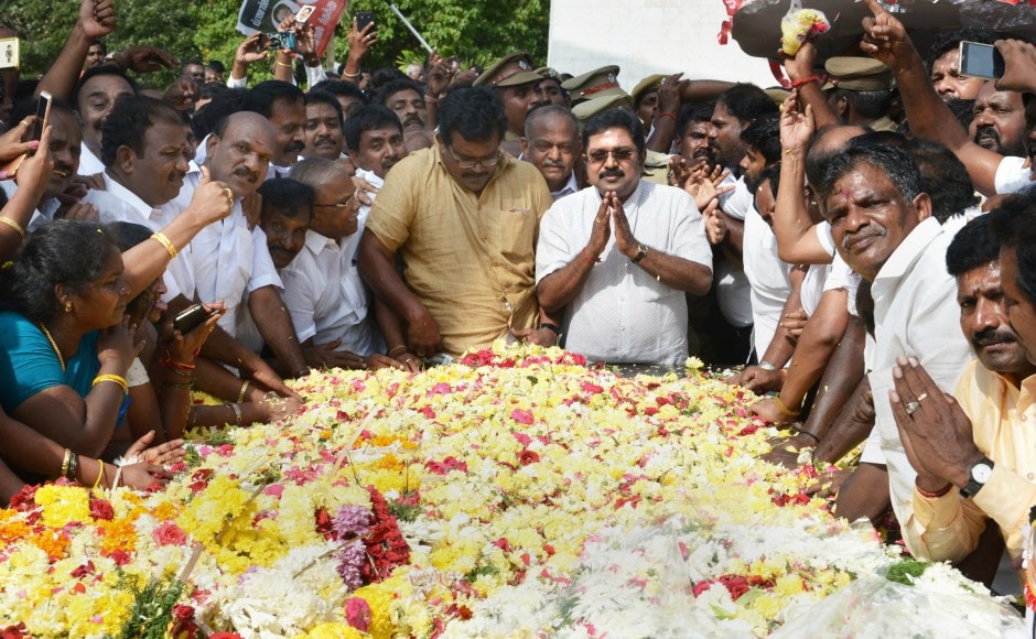 Dhinakaran offered floral tributes at the memorial of MG Ramachandran at Marina beach in Chennai on Sunday after winning the RK Nagar constituency bypoll. PTI Dhinakaran offered floral tributes at the memorial of MG Ramachandran at Marina beach in Chennai on Sunday after winning the RK Nagar constituency bypoll. PTI