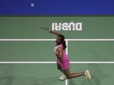 P. V. Sindhu of India returns a shot to China's He Bingjiao during the first day of the Dubai Badminton World Superseries Finals in Dubai, United Arab Emirates, Wednesday, Dec. 13, 2017. (AP Photo/Kamran Jebreili)