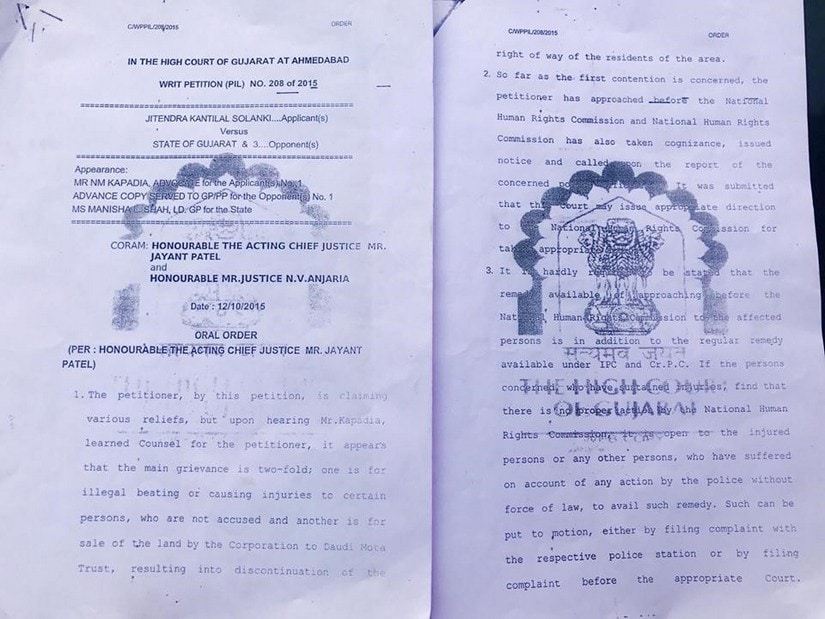 A copy of the PIL filed by Jitendra Kantilal Solanki on the illegal beating up or causing injuries to innocent people from the Dalit community. Pallavi Rebbapragada/Firstpost