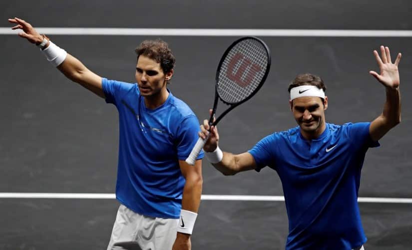 Rafael Nadal and Roger Federer of Team Europe celebrate after winning their doubles match at the inaugural Laver Cup. Reuters 