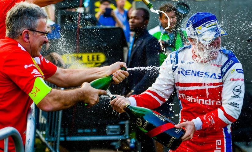 Felix Rosenqvist celebrates after he inherited the win at Hong Kong in Sunday's race. Image courtesy: Twitter