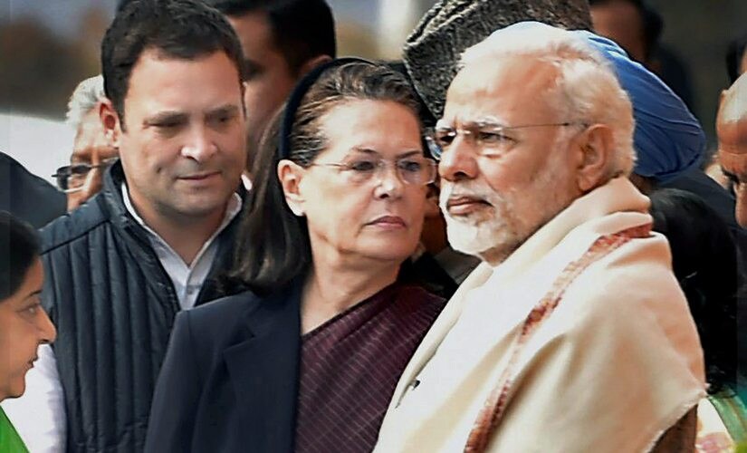 Prime Minister Narendra Modi, Congress president Sonia Gandhi and Congress president-elect Rahul Gandhi during the tribute paying ceremony for the martyrs of 2001 Parliament attack. PTI