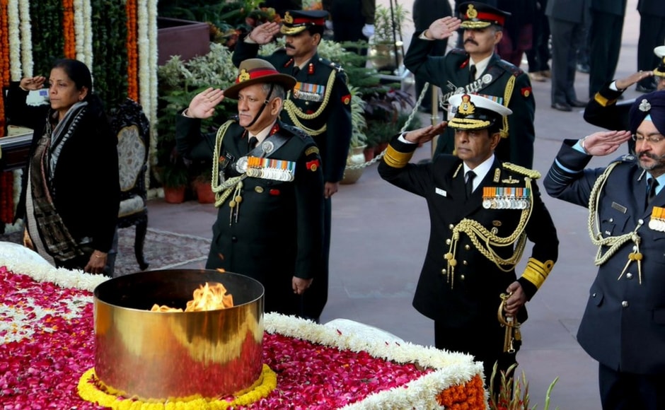 Defence Minister Nirmala Sitharaman, army chief General Bipin Rawat paid tribute to soldiers of the armed forces who lost their lives in the 1971 India-Pakistan war to mark 46th Vijay Diwas at India Gate in New Delhi on Saturday. Twitter@@SpokespersonMoD Defence Minister Nirmala Sitharaman, army chief General Bipin Rawat paid tribute to soldiers of the armed forces who lost their lives in the 1971 India-Pakistan war to mark 46th Vijay Diwas at India Gate in New Delhi on Saturday. Twitter@@SpokespersonMoD