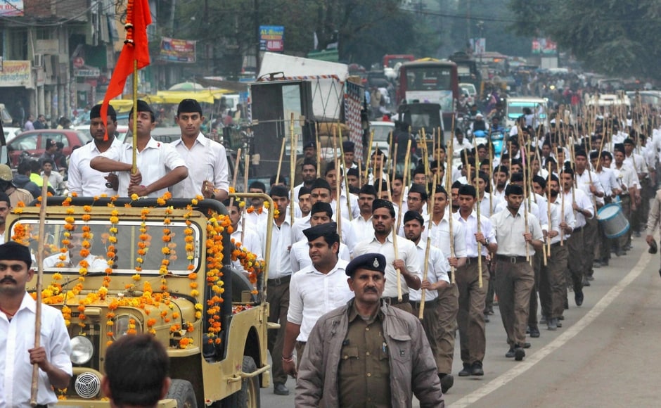 Rashtriya Swayamsevak Sangh (RSS) activists participated in a march as they observed Rashtriya Swayamsevak Sangh (RSS) activists participated in a march as they observed