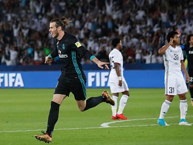 Real Madrid's Gareth Bale celebrates after scoring his side's goal during the Club World Cup semifinal against Al Jazira Club. AP