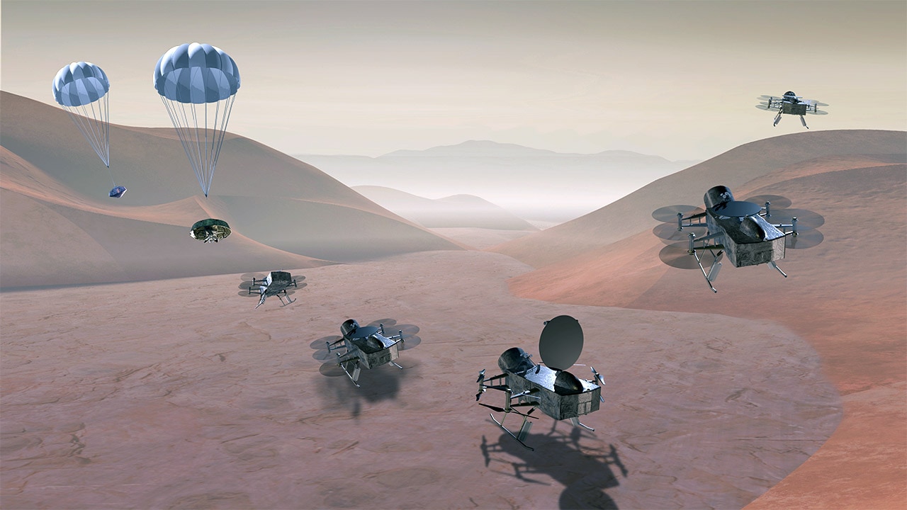 Concept art of the Dragonfly mission to Titan. Image: NASA. 