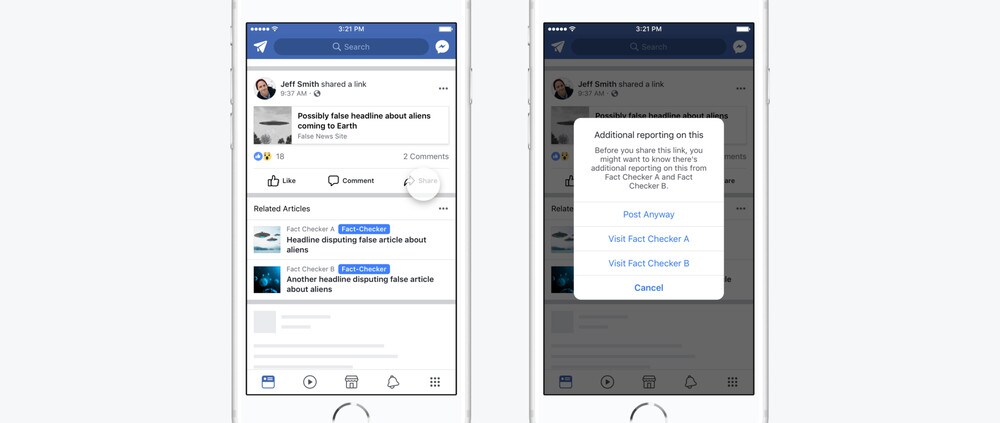The updated Related Articles treatment for misinformation in the News Feed. Facebook