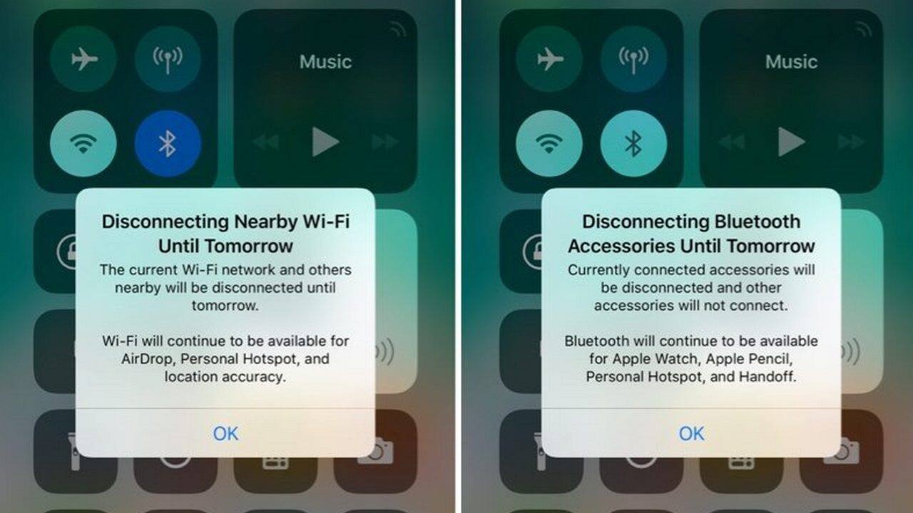 New pop-ups that will be seen with the iOS 11.2 update for disabling Wi-Fi, Bluetooth