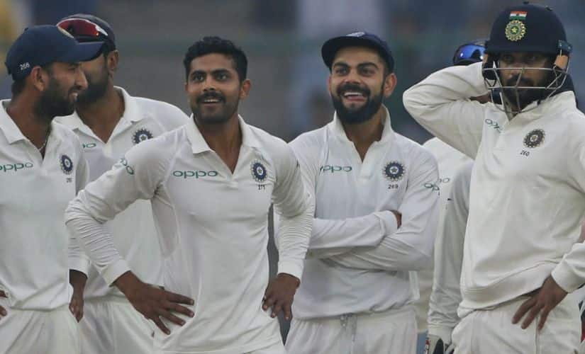 India players celebrate after a Sri Lanka wicket in the third Test. AP