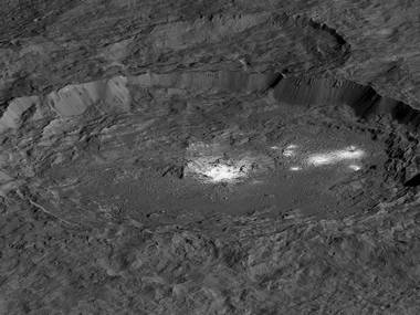 The bright areas of Occator Crater are examples of bright material found on crater floors on Ceres. NASA