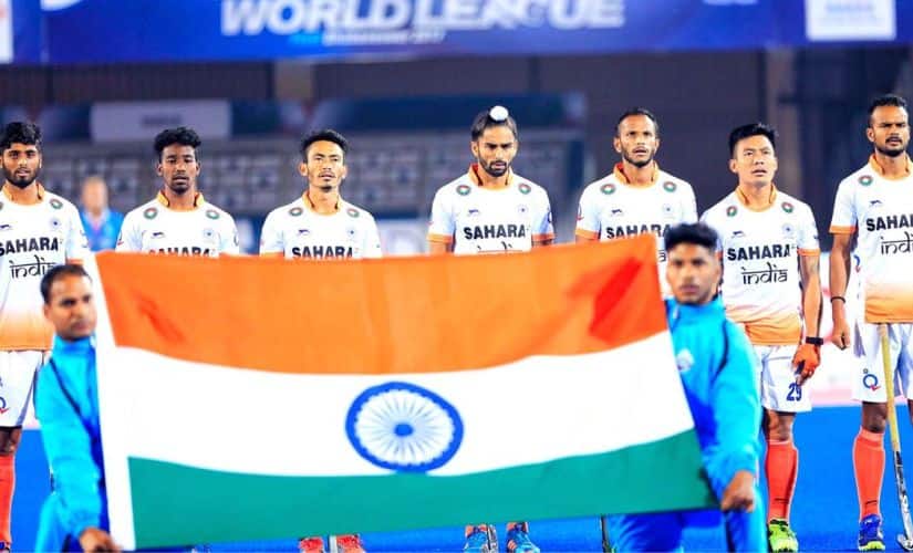 The Indian hockey team before a Hockey World League Final match. Image courtesy: Twitter/@TheHockeyIndia
