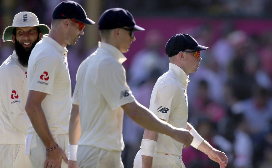 England players Mason Crane, right, Tom Curran, second right, James Anderson and Moeen Ali, left, walk off at stumps as England's stay in field doesn;t appear to be ending anytime soon. AP England players Mason Crane, right, Tom Curran, second right, James Anderson and Moeen Ali, left, walk off at stumps as England's stay in field doesn;t appear to be ending anytime soon. AP