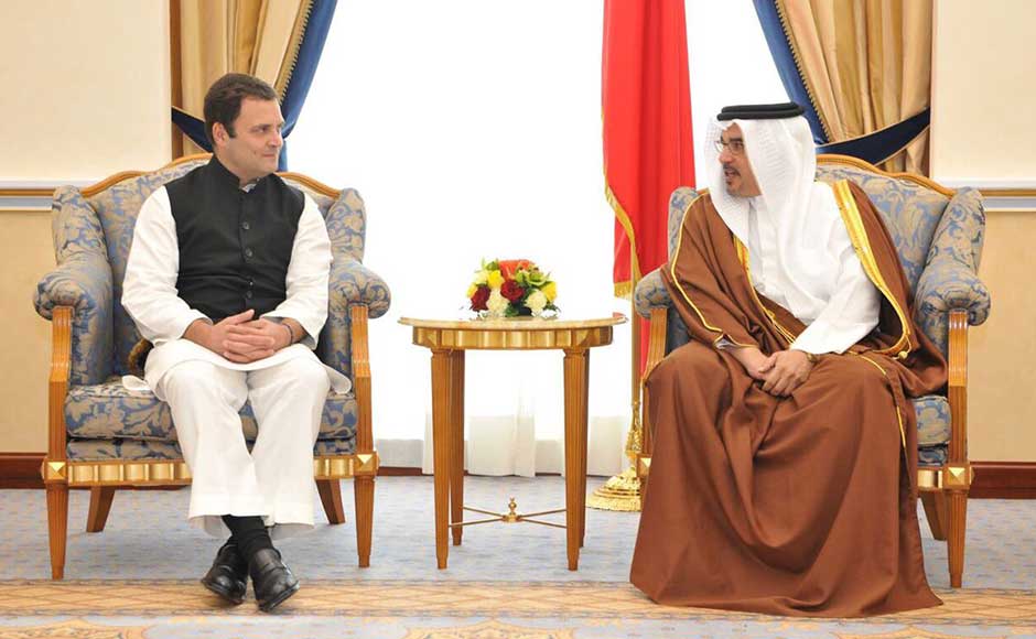 Rahul Gandhi on Monday embarked on a visit to Bahrain — his first foreign trip after becoming the Congress chief — where he addressed a convention of NRIs and will meet the Gulf country's Prime Minister Prince Salman bin Hamas Al-Khalifa. Rahul in a meeting with Prince Salman bin Hamas Al-Khalifa. Twitter@OfficeOfRG Rahul Gandhi on Monday embarked on a visit to Bahrain — his first foreign trip after becoming the Congress chief — where he addressed a convention of NRIs and will meet the Gulf country's Prime Minister Prince Salman bin Hamas Al-Khalifa. Rahul in a meeting with Prince Salman bin Hamas Al-Khalifa. Twitter@OfficeOfRG