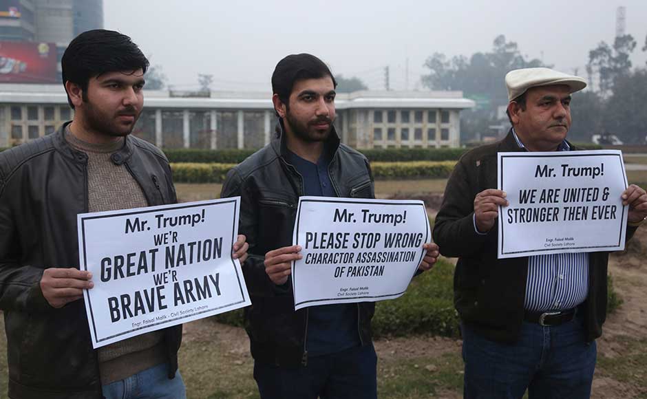 The announcement by the US led to some protests in the country, including in Chaman, one of the two main crossings on the border with Afghanistan where people chanted anti-US slogans. Pakistanis activists of civil society protest against Trump. AP The announcement by the US led to some protests in the country, including in Chaman, one of the two main crossings on the border with Afghanistan where people chanted anti-US slogans. Pakistanis activists of civil society protest against Trump. AP