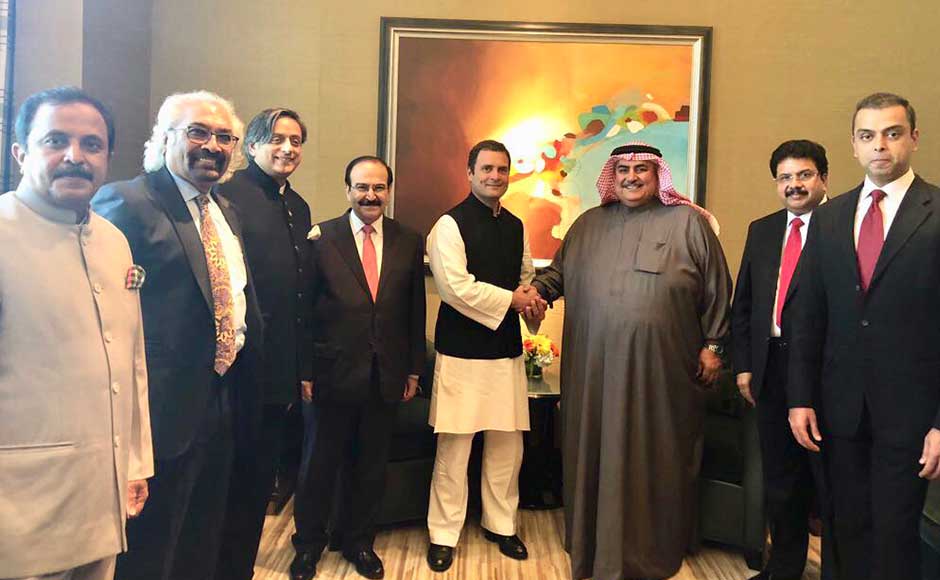 The Gandhi scion accompanied by Sam Pitroda, Shashi Tharoor, Madhu Goud Yaskhi and Milind Deora for the Bahrain trip. Rahul shakes hands with the Bahrain foreign minister. Twitter@INCIndia The Gandhi scion accompanied by Sam Pitroda, Shashi Tharoor, Madhu Goud Yaskhi and Milind Deora for the Bahrain trip. Rahul shakes hands with the Bahrain foreign minister. Twitter@INCIndia