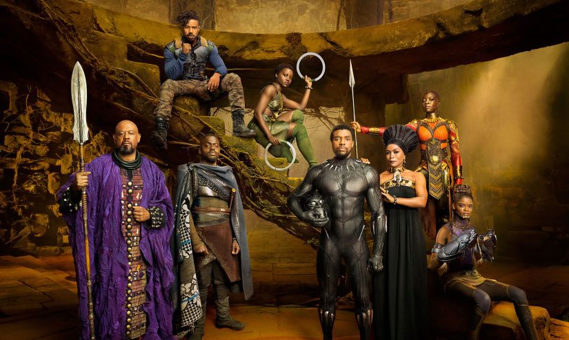 Marvel Studios' BLACK PANTHER Forest Whitaker as Zuri, Daniel Kaluuya as W'Kabi, Michael B. Jordan as Erik Killmonger, Lupita Nyong'o as Nakia, Chadwick Boseman as Black Panther/T'Challa, Angela Bassett as Ramonda, Danai Gurira as Okoye, and Letitia Wright as Shuri photographed exclusively for Entertainment Weekly by Kwaku Alston on March 18, 2017 in Atlanta, Georgia. Kwaku Alston � 2017 MVLFFLLC. TM & � 2017 Marvel. All Rights Reserved.